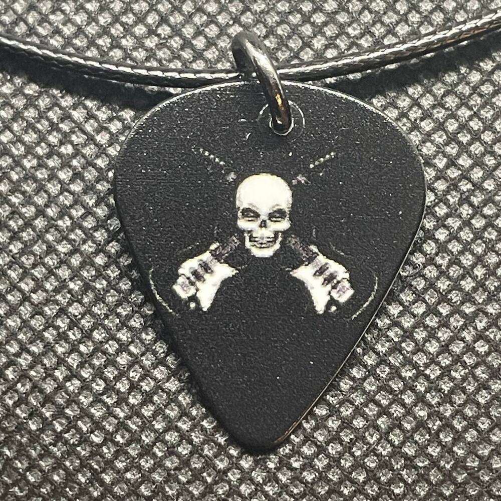 Handcrafted Skull with Guitar Crossbones Guitar Pick Necklace
